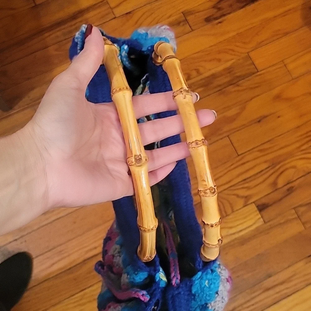 Fat‎ Bottom Crochet Granny Bag with Bamboo Handles EUC